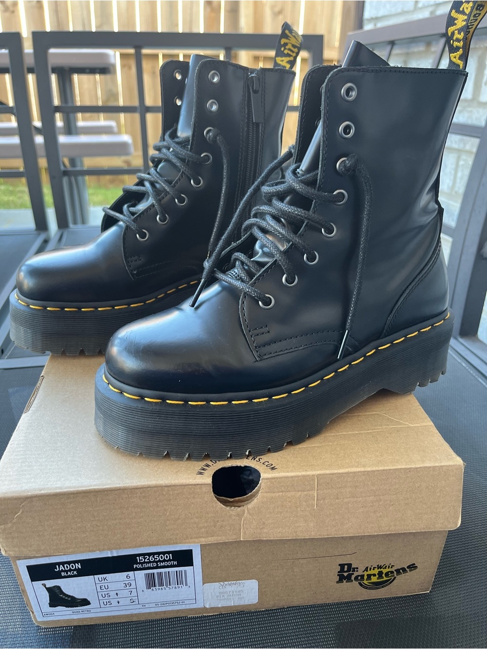 Dr. Martens Black Platform Jadon Lace-Up Boots with Yellow Stitching